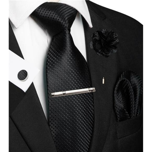 Mens Tie Set Pocket Square Cufflinks Lapel Pin Tie Clip Formal Gift Box - Picture 2 of 5